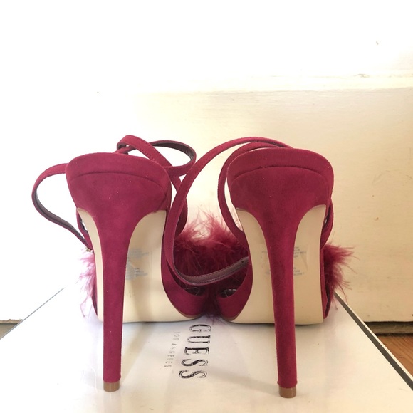 NIB GUESS Sexy Burgundy Strappy Pumps w/Feathers - Picture 3 of 7